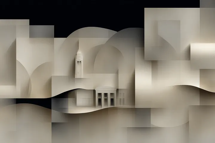 Architectural collage: a domed building and soft waves in sand tones