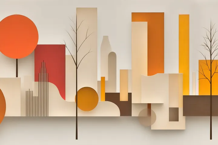 Collage: bare trees and warm orange and cream buildings