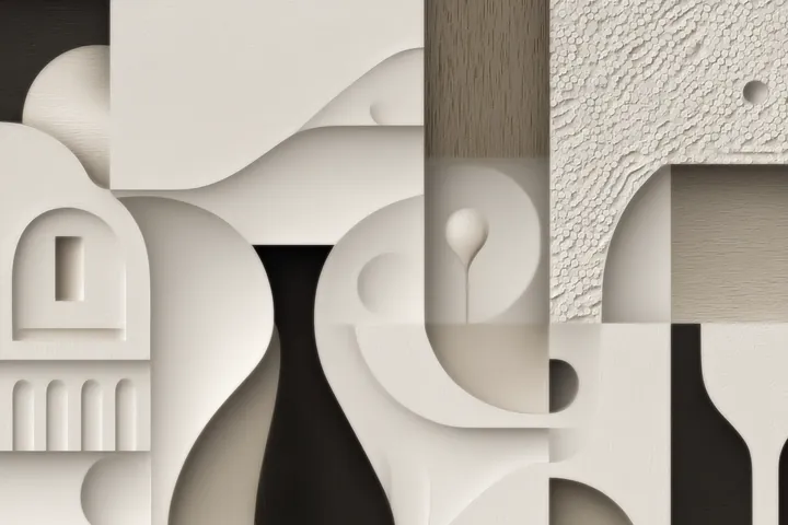 Abstract white relief of curves, arches and a dark vase shape