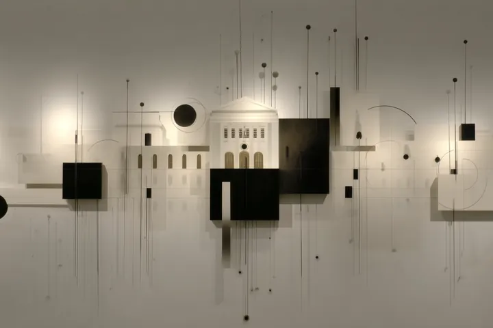 Line collage: a classical building among fine lines and dots on grey