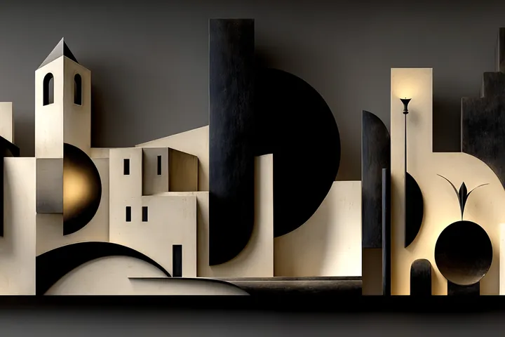 Architectural collage: cream arches and a bell tower against black