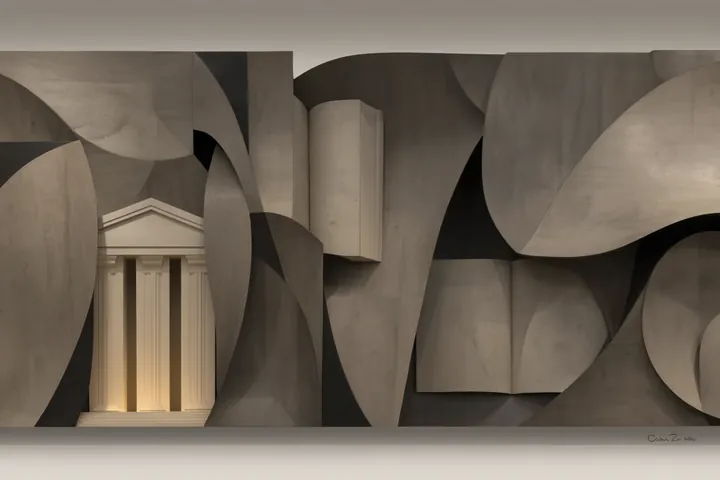 Collage: a classical portico between curving grey forms