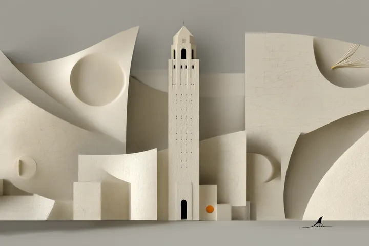 Architectural collage: a tall tower among large cream shapes