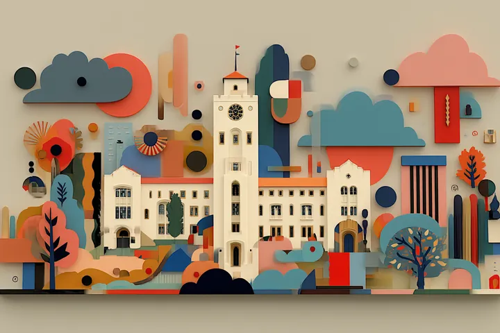 Colourful paper-cut city with a white clock tower