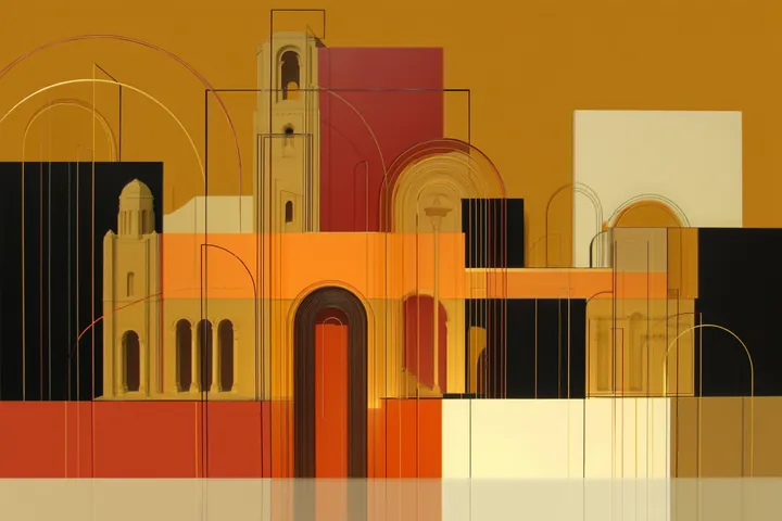 Collage of arches and a tower in orange and black