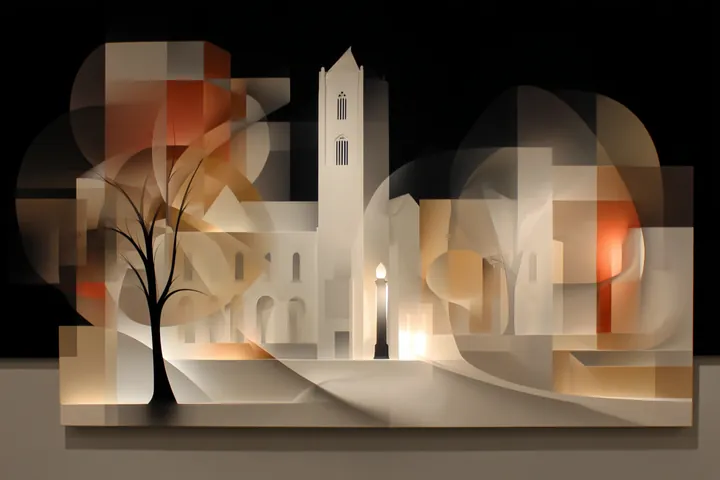 Collage of a bare tree and a tower in black and cream