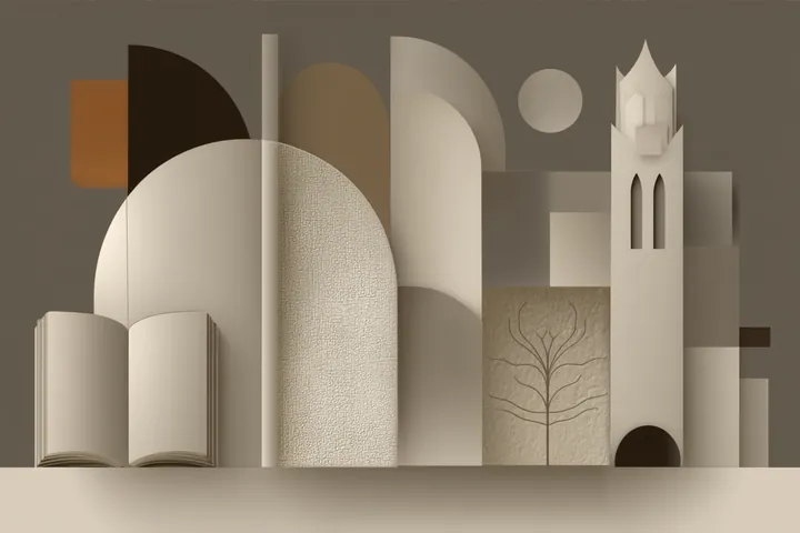 Collage of domes, open books and a tower in grey