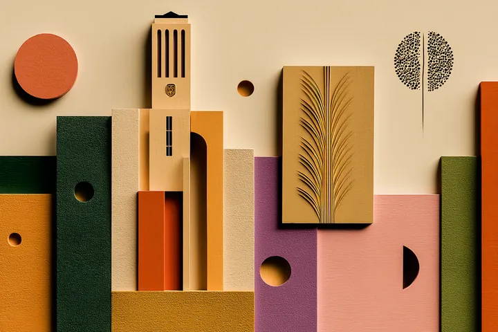 Collage of coloured book spines and a tower