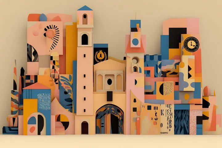 Colourful paper-cut city with towers and arches