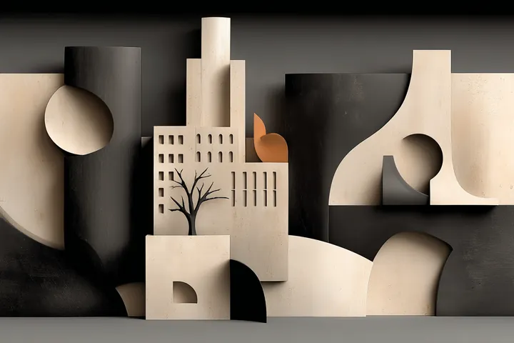 Collage of black and cream forms with a small building and a tree