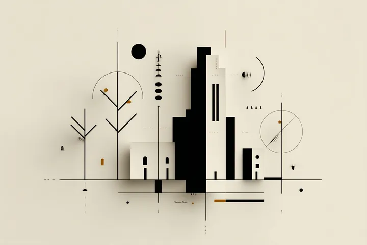 Line collage: a tower, trees and circles drawn in ink on cream