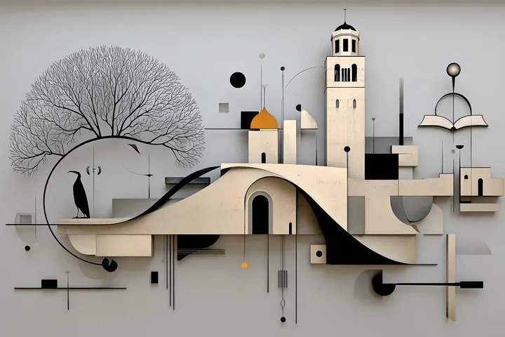 Architectural collage: a campus building, a tree and drawn lines on grey paper