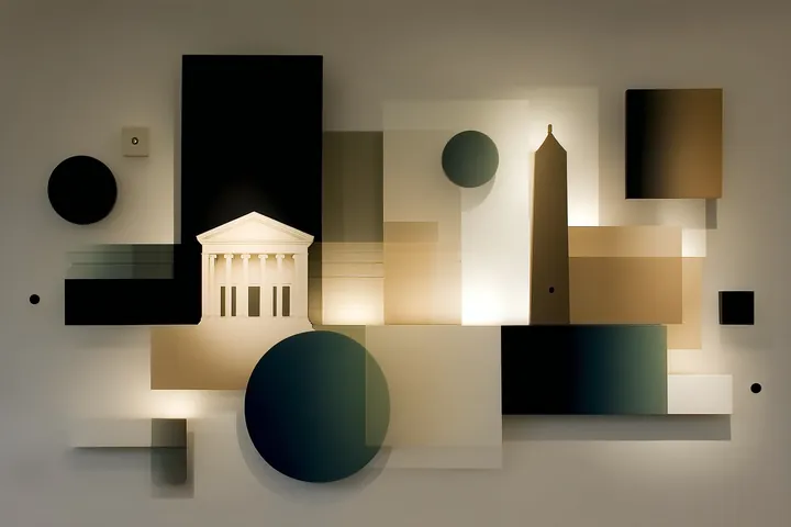 Collage: a classical portico among dark and light blocks
